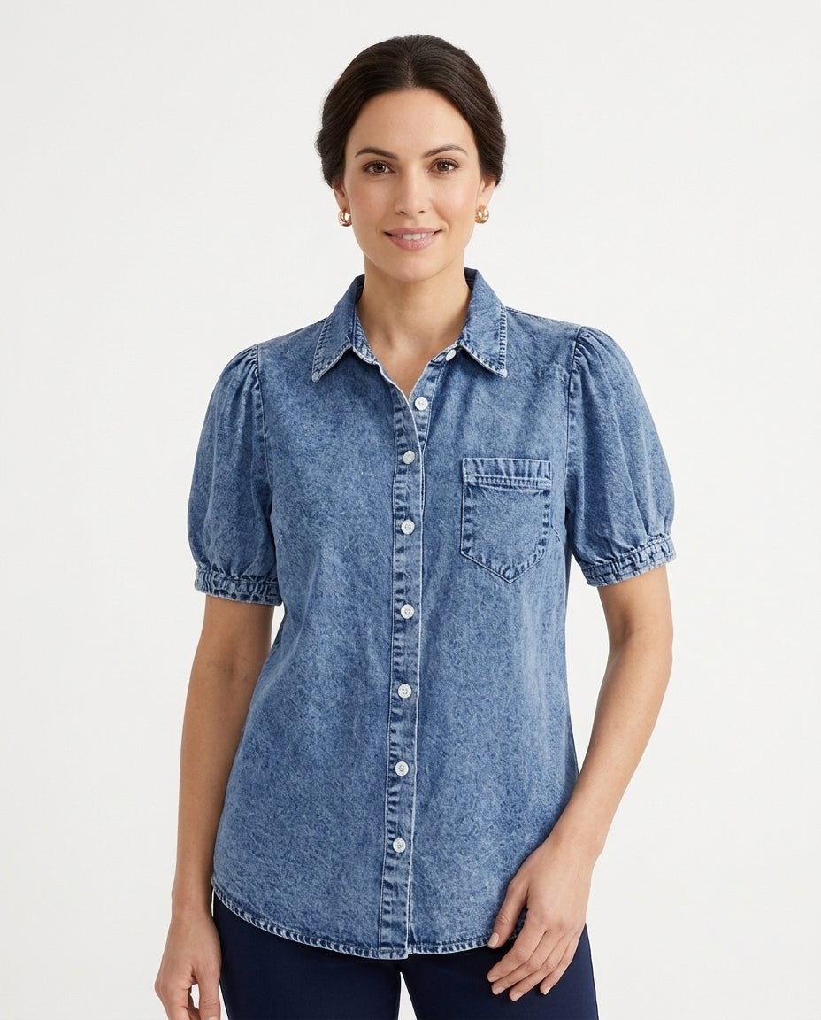 Women's Denim Shirt with Bubble Sleeves