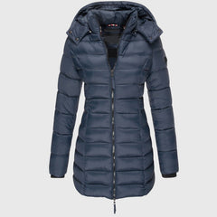 Women's Long Down Jacket Relaxed Fit Hooded Zip Closure Stylish Winter Outerwear