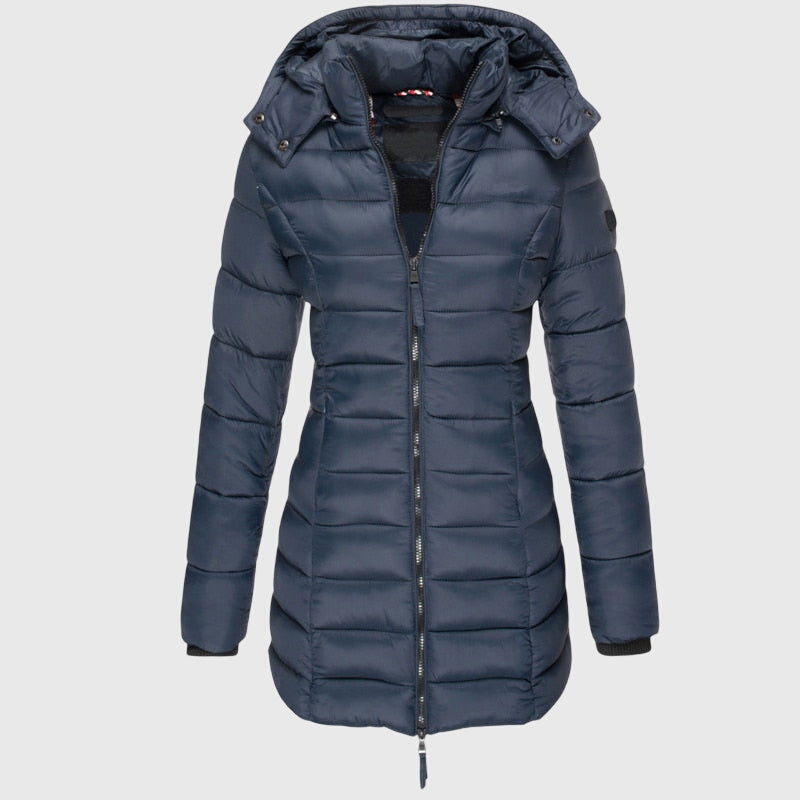 Women's Long Down Jacket Relaxed Fit Hooded Zip Closure Stylish Winter Outerwear