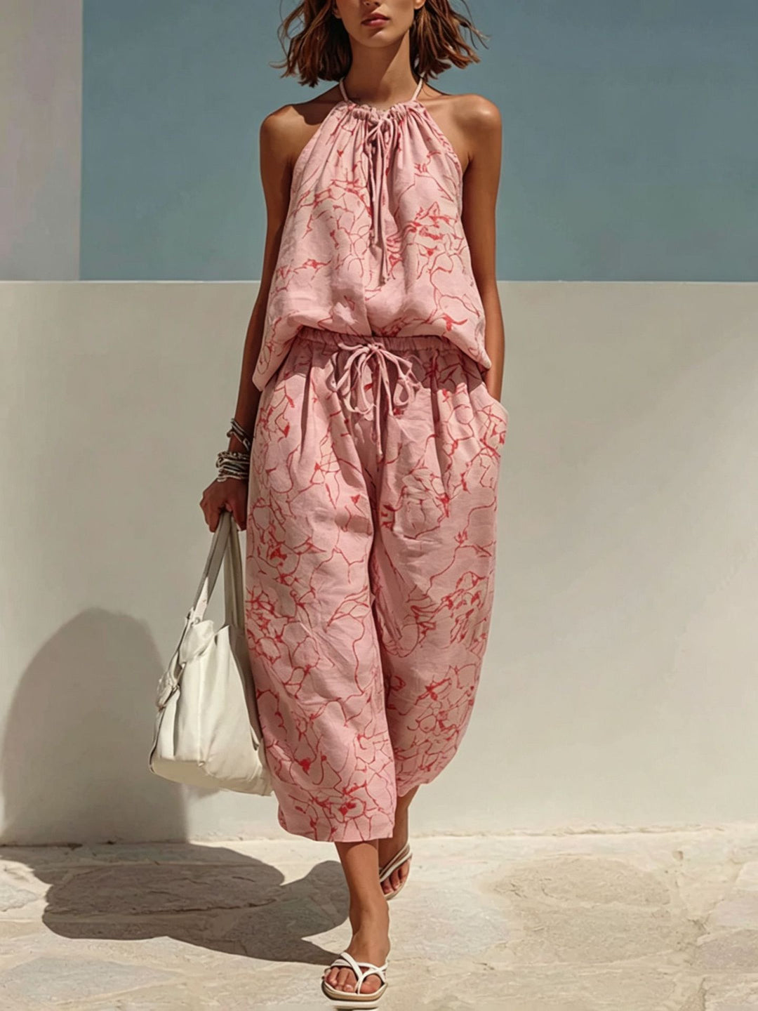Women’s Fashion Minimalist Digital-Print Backless Camisole and Cropped Wide-Leg Pants Set | Chic