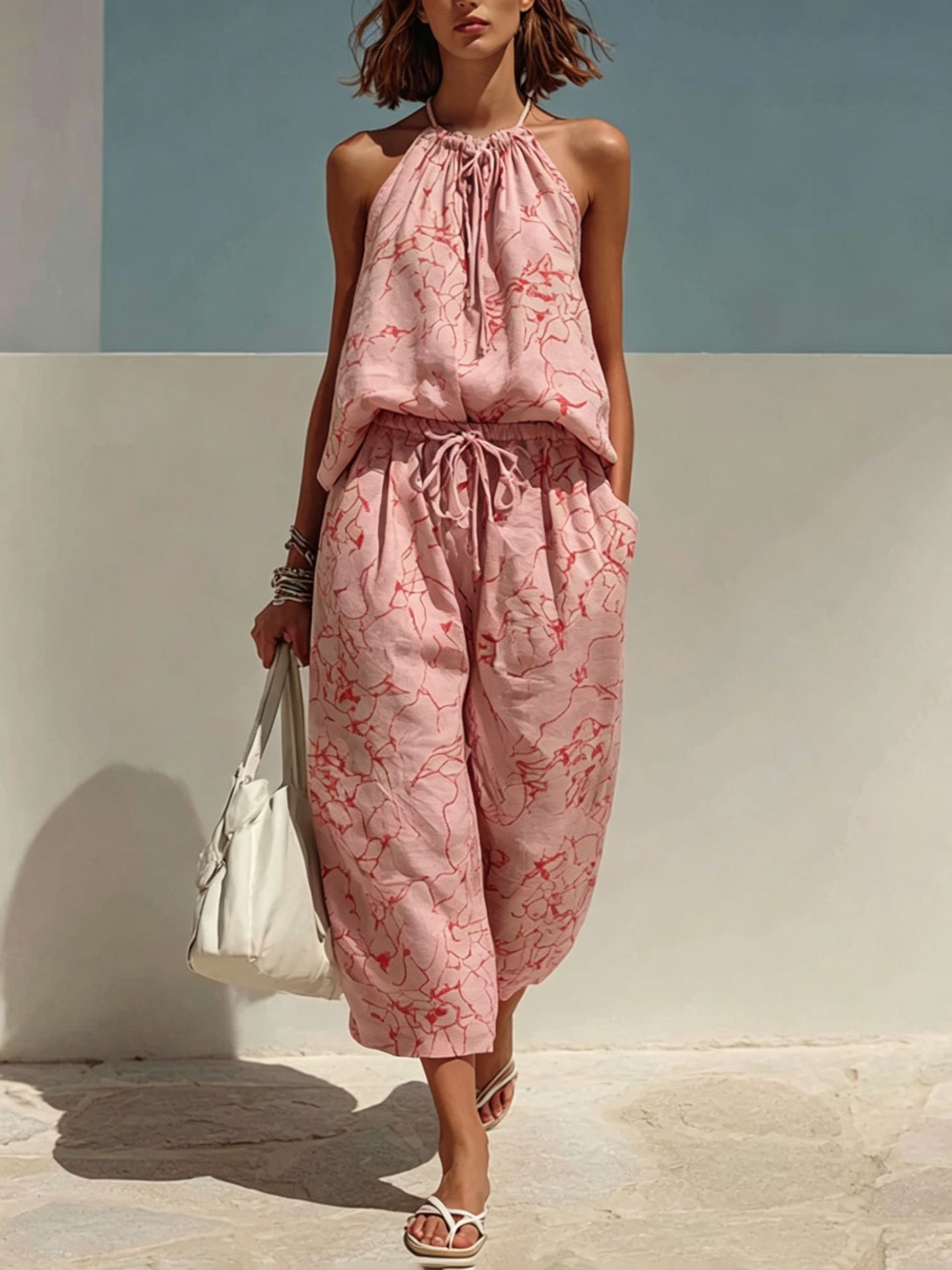 Women's Fashion Minimalist Digital-Print Backless Camisole Cropped Wide-Leg Pants Set Outfit for Work Casual Days Holidays and