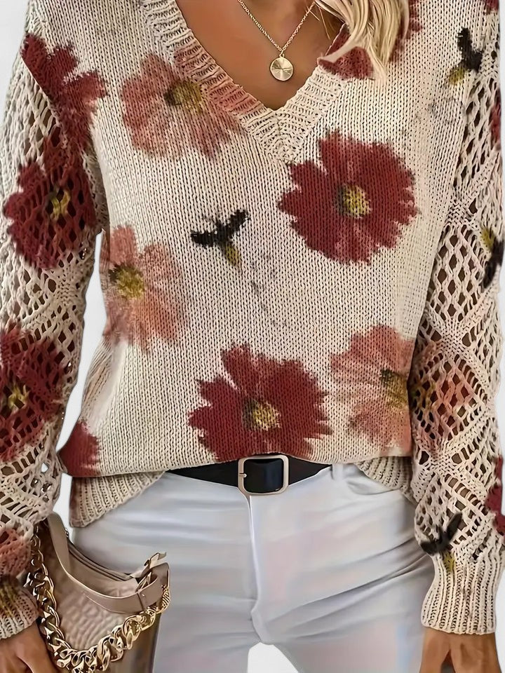 Women's Sweater Floral Pattern Crochet Sleeves Relaxed Fit Casual Everyday