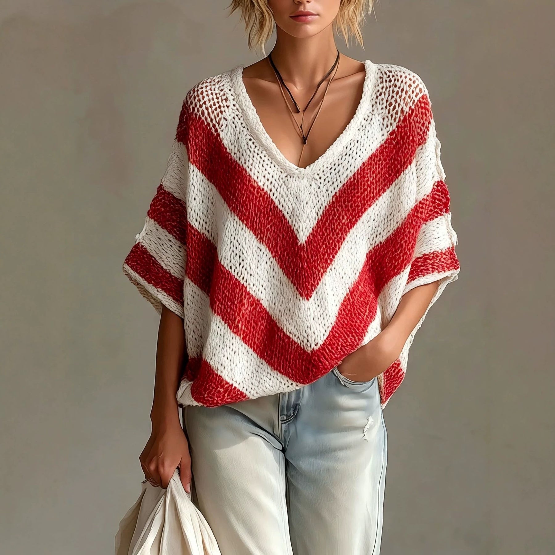 Women's Colour-Blocked V-Neck Pullover Loose-Knit Sweater Knitwear for Autumn Winter Layering Cosy Days and Everyday Wear