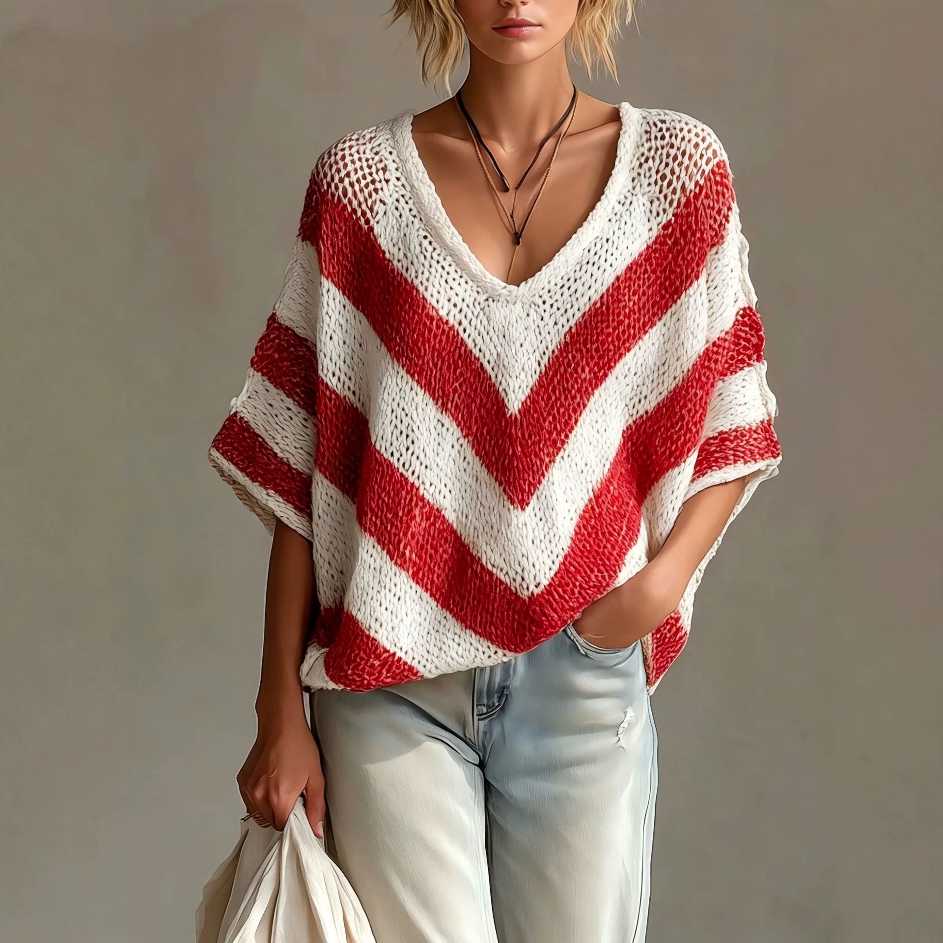 Women's Colour-Blocked V-Neck Pullover Loose-Knit Sweater Knitwear for Autumn Winter Layering Cosy Days and Everyday Wear