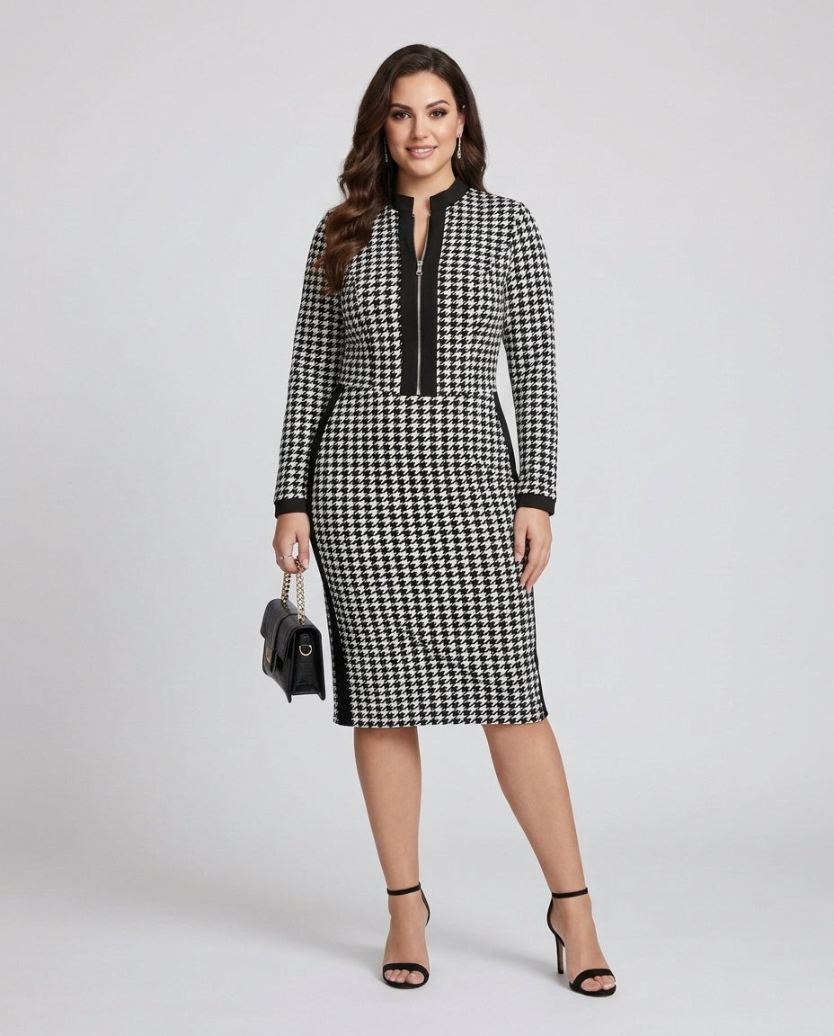 Women's Houndstooth Patterned Zip-Front Midi Dress