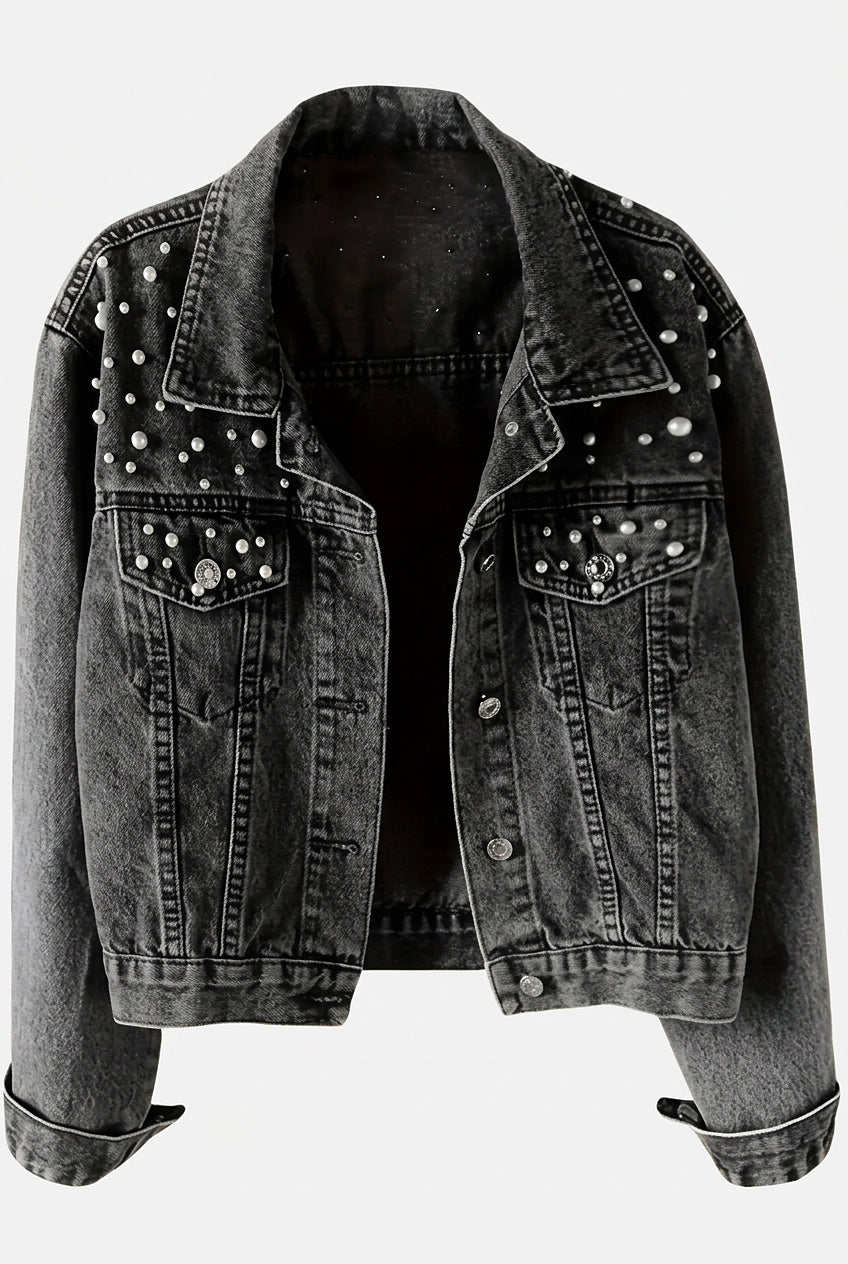 Women’s Denim Jacket with Pearl Embellishments