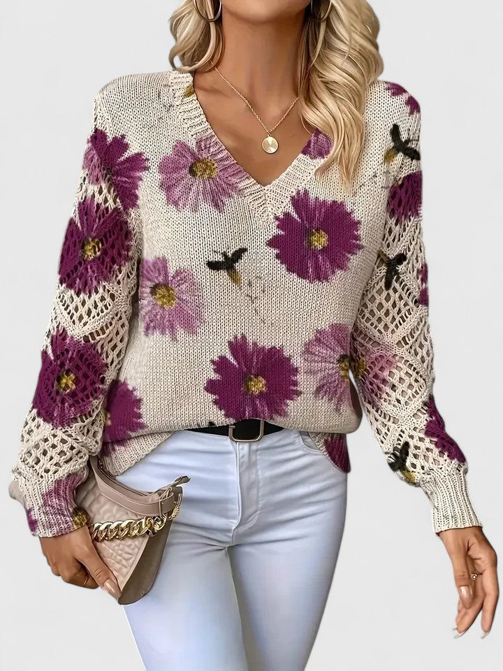 Women's Sweater Floral Pattern Crochet Sleeves Relaxed Fit Casual Everyday