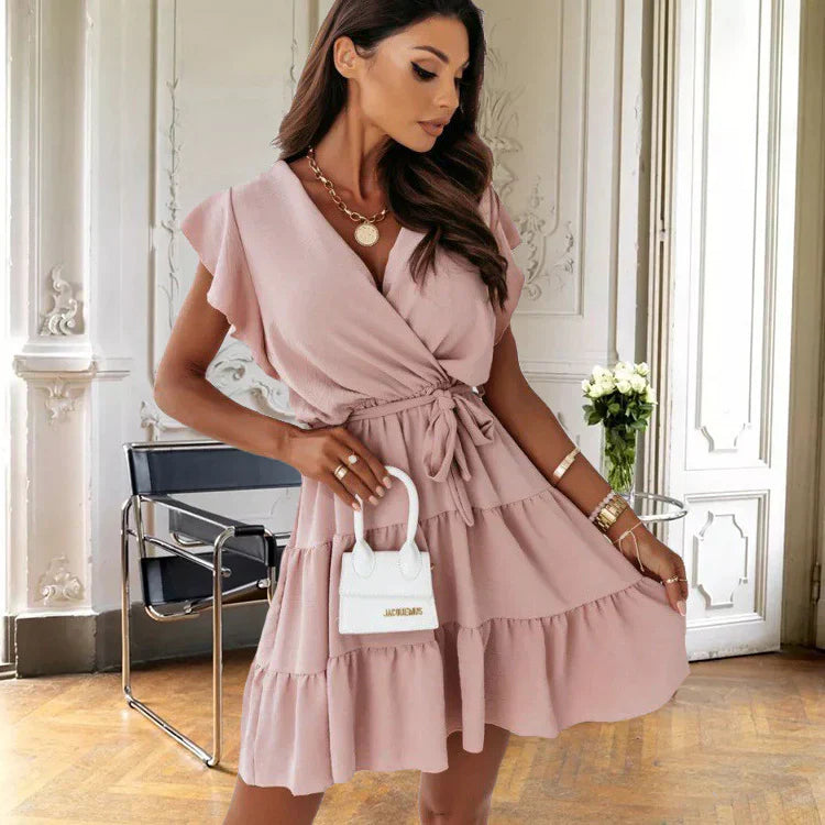 Women's Floral Print Wrap Mini Dress Outfit for Summer Holidays Weddings Parties and Everyday Wear