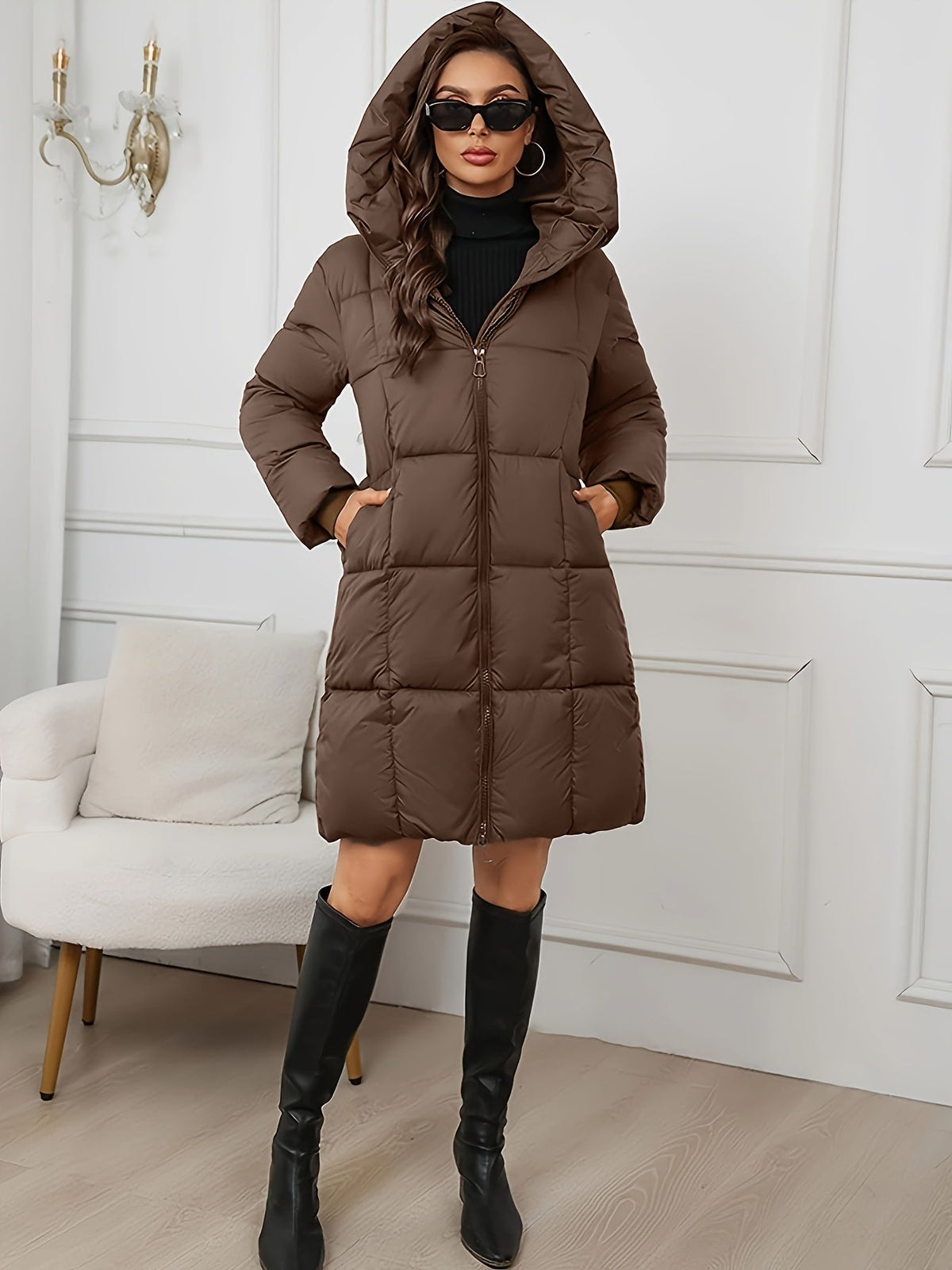 Women's Quilted Puffer Coat Hooded Long Sleeve Casual Winter Outerwear