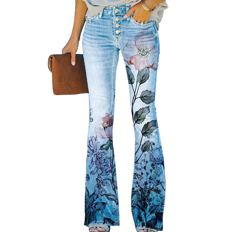 Women's Retro Floral High-Waisted Wide Leg Jeans Outfit for Work Casual Days Holidays and Everyday Wear