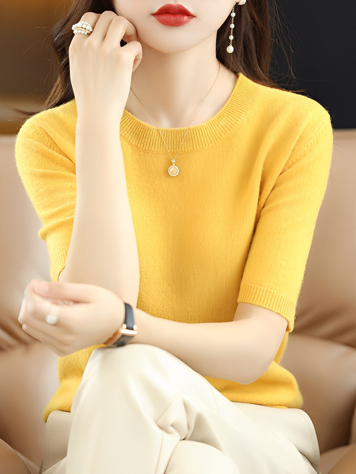 Women's Cozy Short-Sleeve Sweater Relaxed Fit Crew Neck Casual Everyday