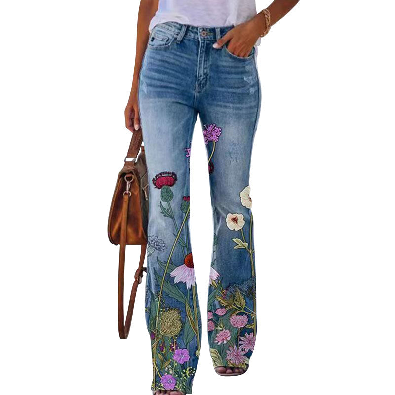 Women's Retro Floral High-Waisted Wide Leg Jeans Outfit for Work Casual Days Holidays and Everyday Wear