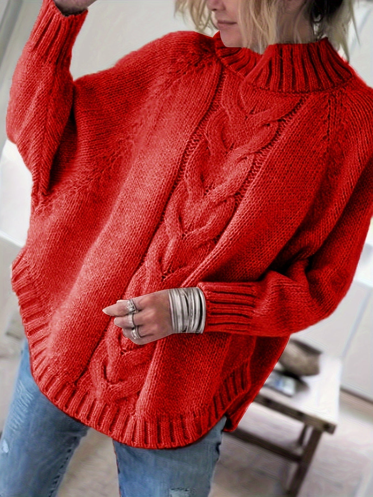 Women's Classic Cable Knit Mock Neck Sweater Cozy Fit Versatile Layering Casual Everyday