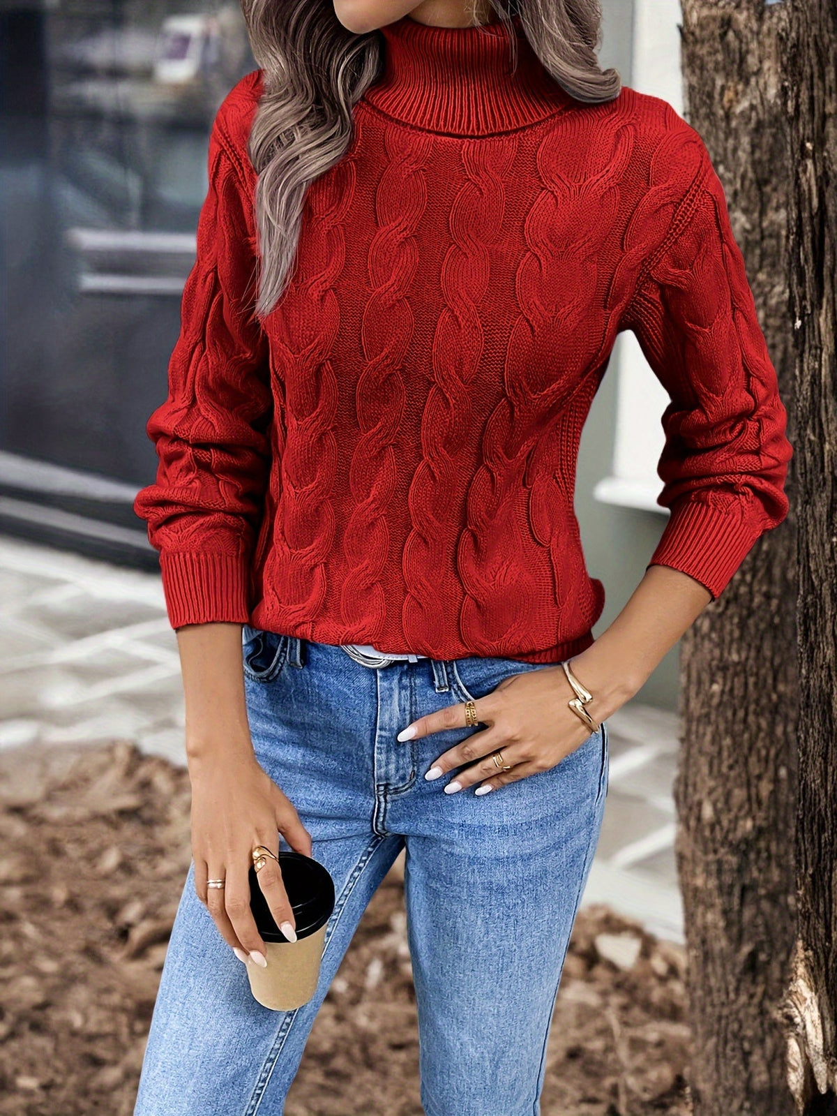 Women's Stylish Cable Knit Turtleneck Sweater Fitted Long Sleeve Cozy Casual