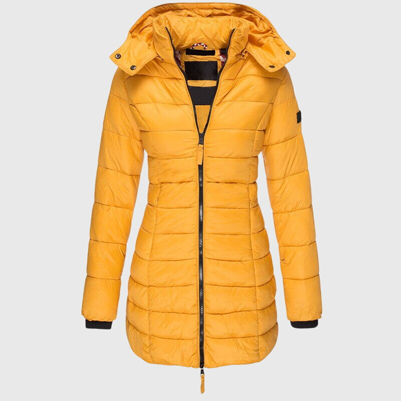 Women's Long Down Jacket Relaxed Fit Hooded Zip Closure Stylish Winter Outerwear