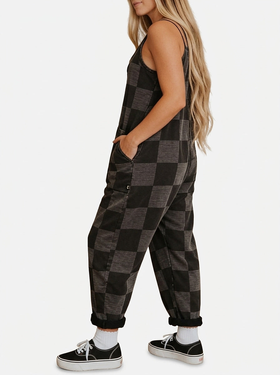 Women’s Plaid Jumpsuit with Button Front and Pockets