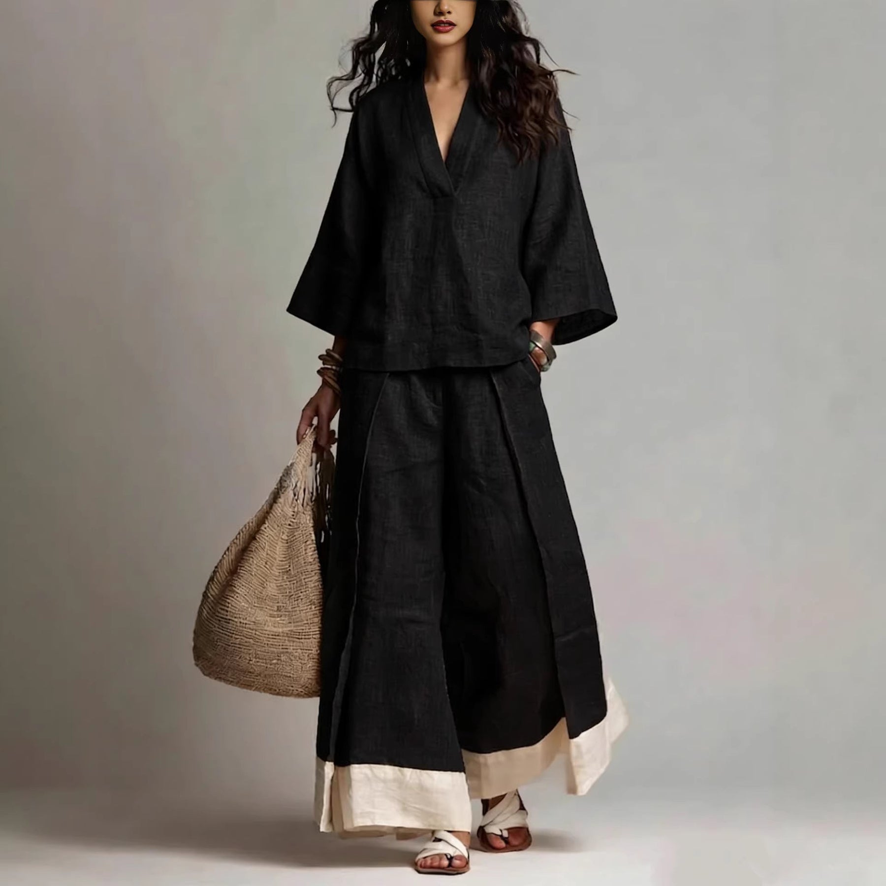 Women's Casual V-Neck Shirt Wide-Leg Pants Set Outfit for Work Brunch Casual Days and Everyday Wear