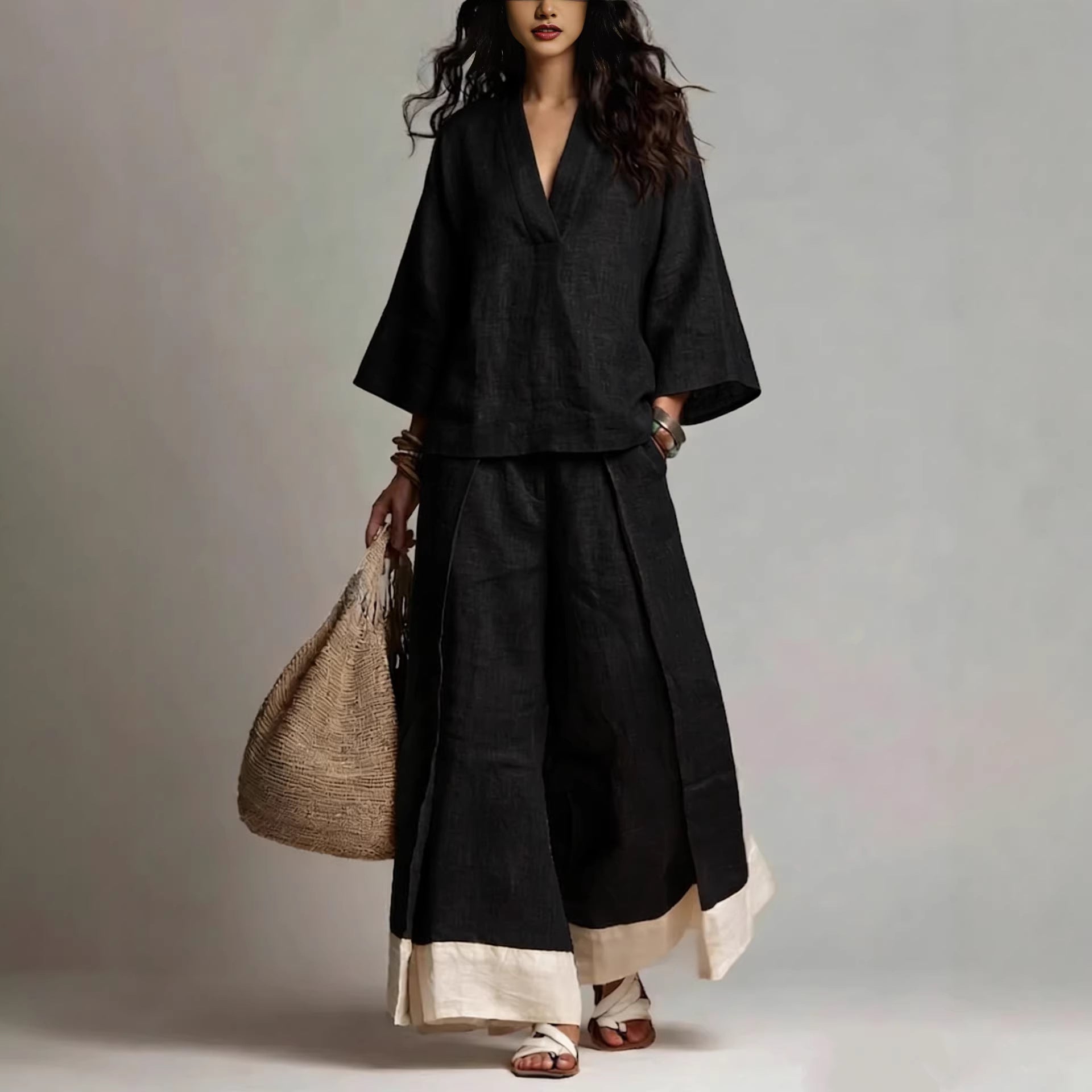 Women's Casual V-Neck Shirt Wide-Leg Pants Set Outfit for Work Brunch Casual Days and Everyday Wear