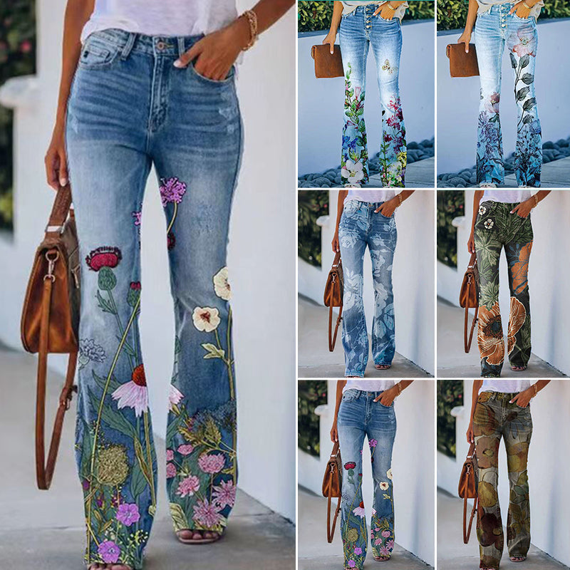 Women's Retro Floral High-Waisted Wide Leg Jeans Outfit for Work Casual Days Holidays and Everyday Wear