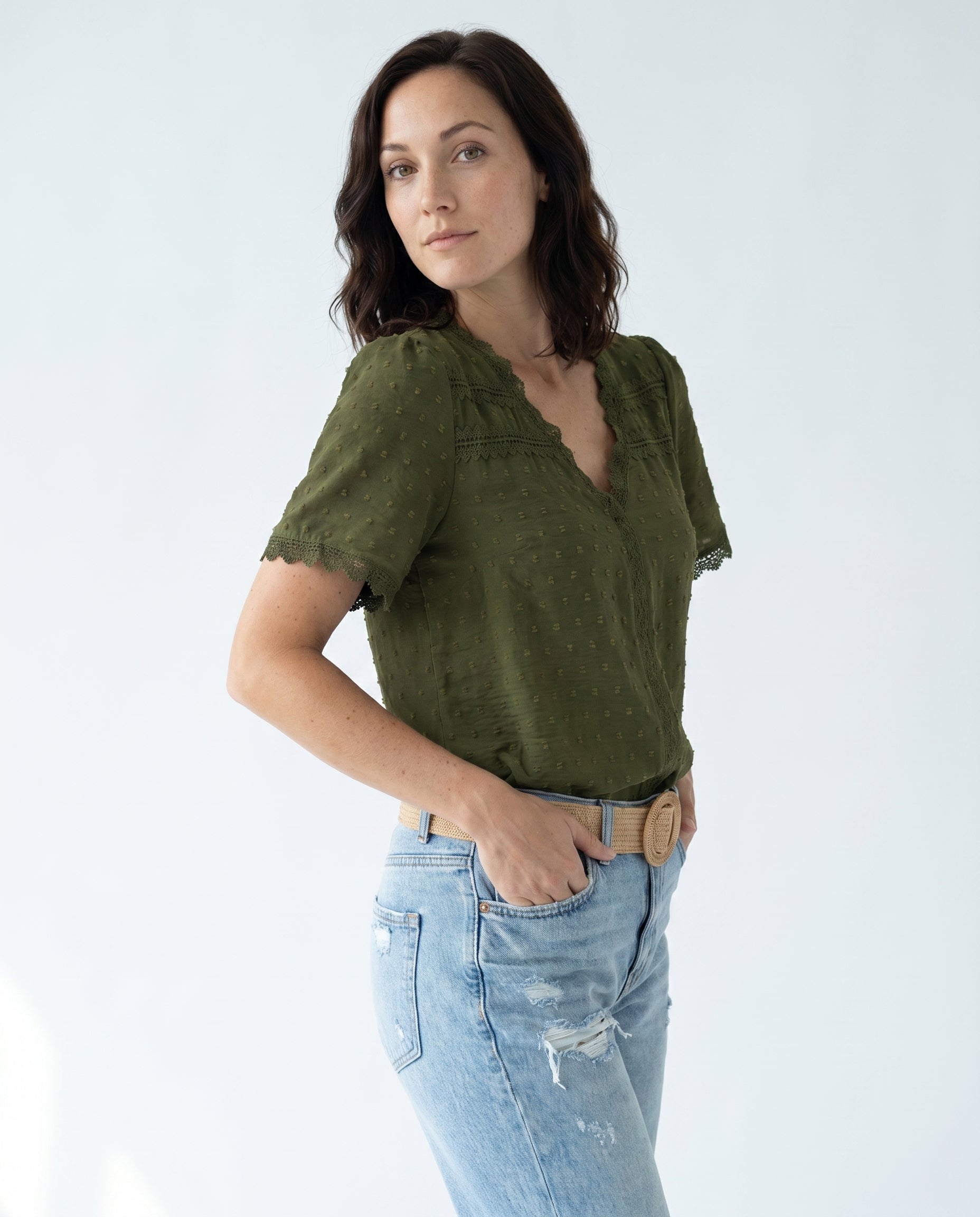 Women's Lace Trim Blouse Outfit for Work Brunch Casual Days and Everyday Wear