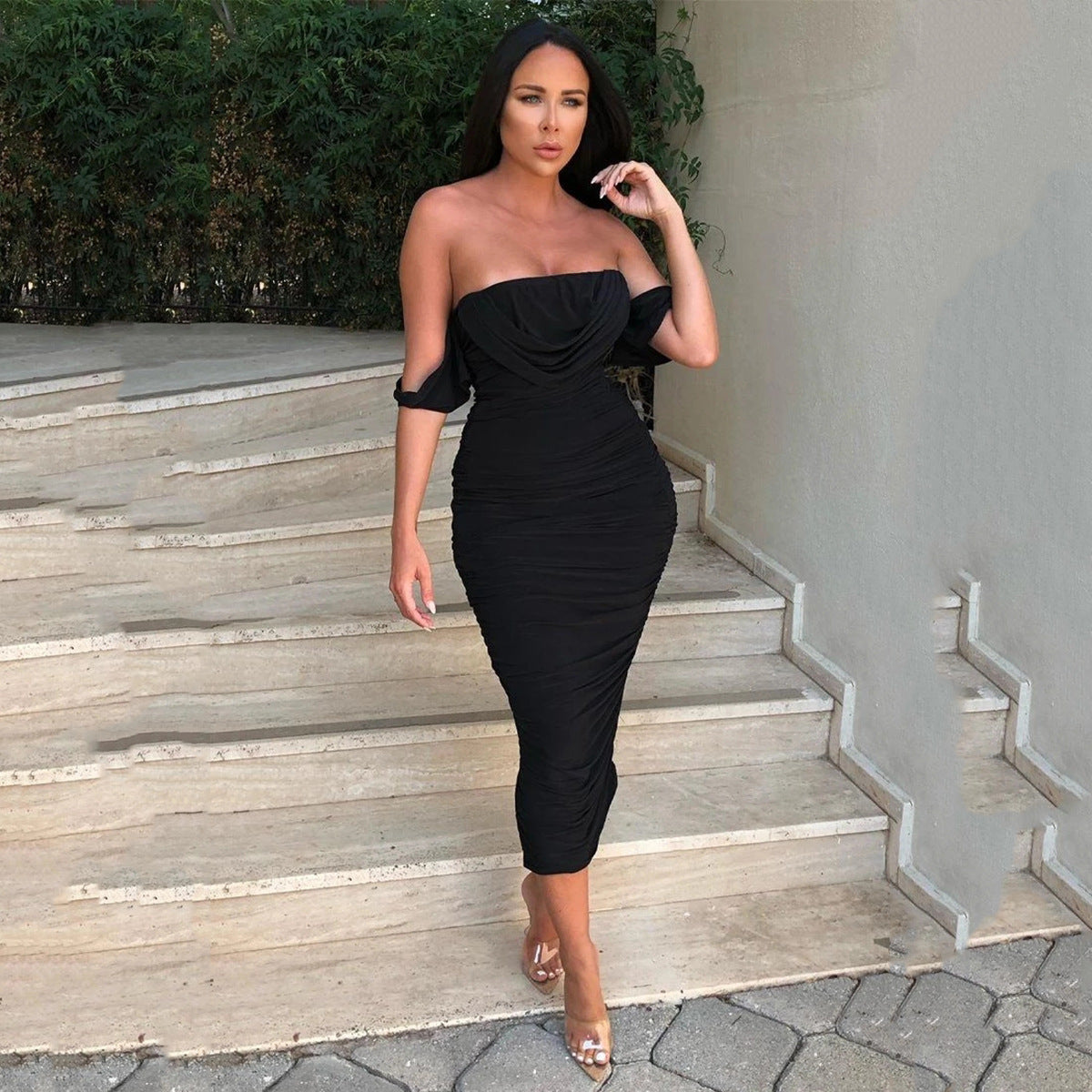 Women's Off-Shoulder Bodycon Midi Dress Ruched Elegant Party Styling