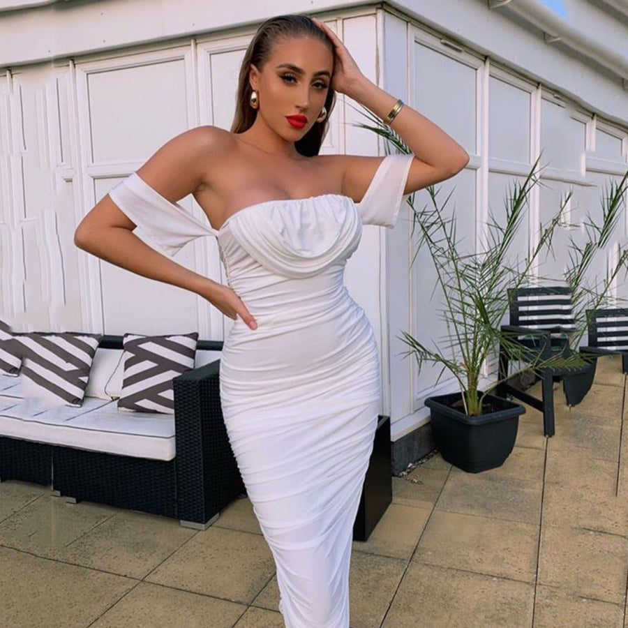 Women's Off-Shoulder Bodycon Midi Dress Ruched Elegant Party Styling