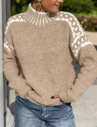 Women's Cozy Turtleneck Sweater Fair Isle Knit Relaxed Fit Casual Everyday