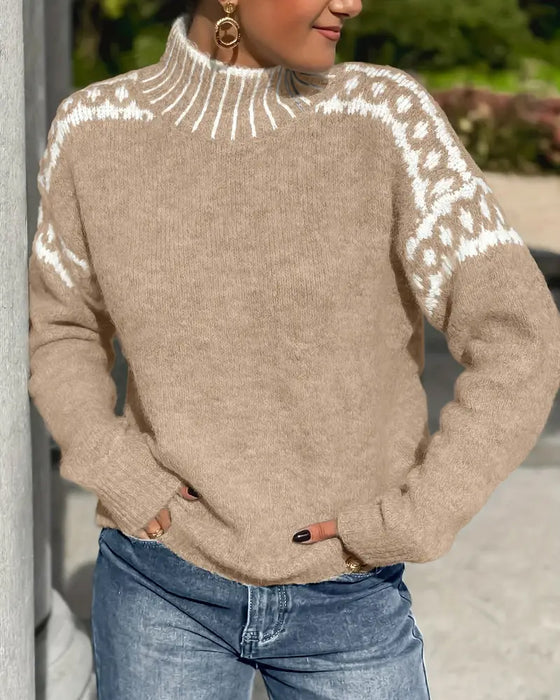 Women's Cozy Turtleneck Sweater Fair Isle Knit Relaxed Fit Casual Everyday