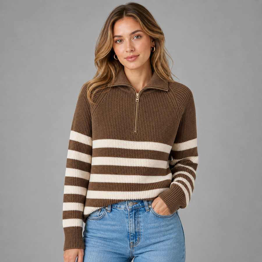 Women's Striped Half-Zip Sweater Relaxed Fit Long Sleeve Casual Everyday