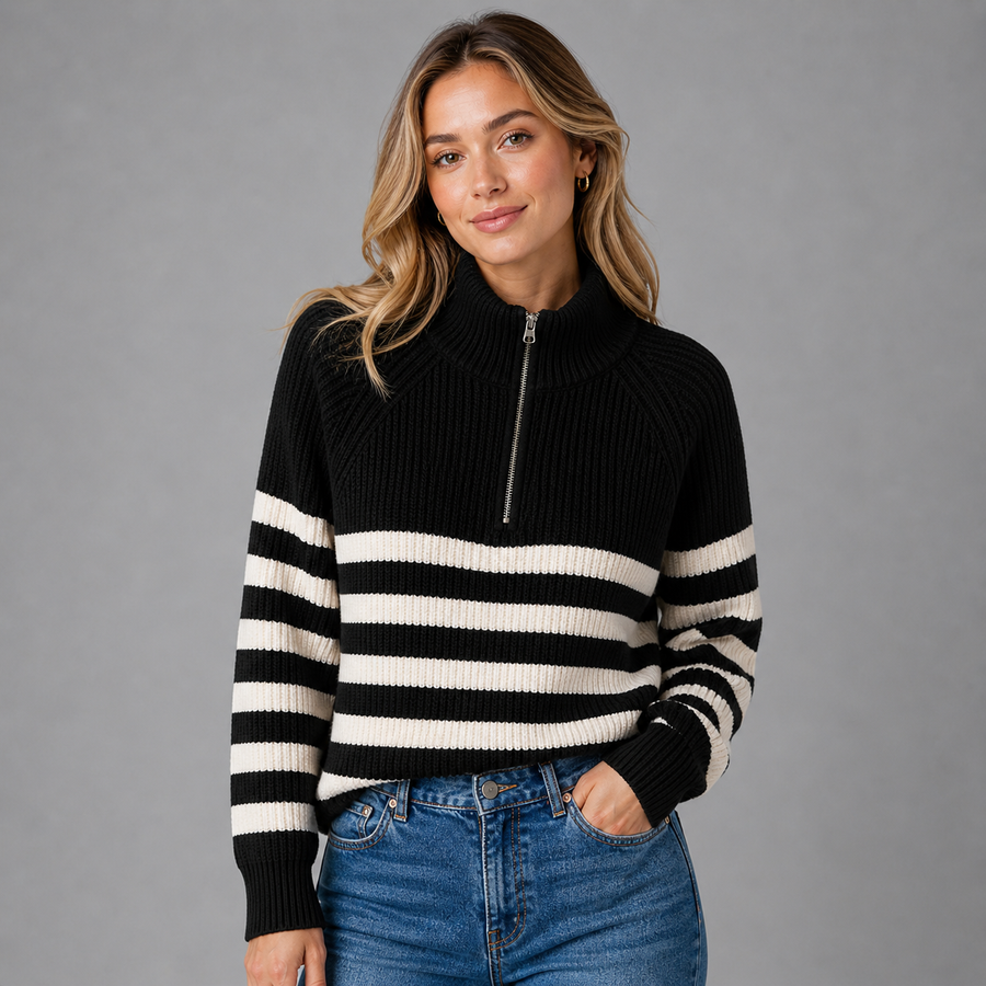 Women's Striped Half-Zip Sweater Relaxed Fit Long Sleeve Casual Everyday