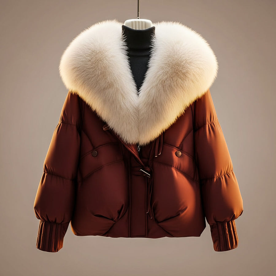 Women's Glossy Puffer Jacket Oversized Faux Fur Collar Stylish Layering