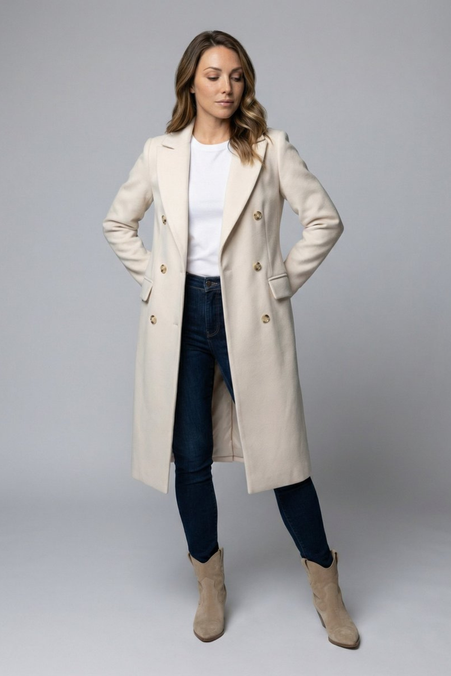 Women's Double Breasted Midi Overcoat Tailored Fit Classic Collar Button-Front Stylish Layering