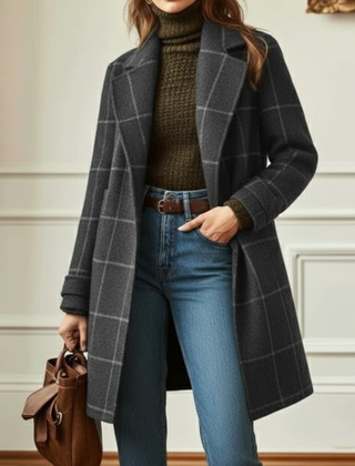 Women's Check Pattern Overcoat Tailored Fit Long Sleeve Button Closure Stylish Everyday