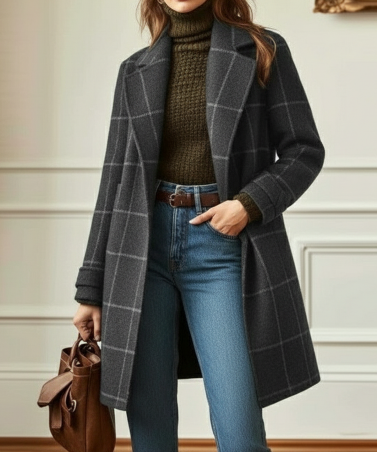 Women's Check Pattern Overcoat Tailored Fit Long Sleeve Button Closure Stylish Everyday