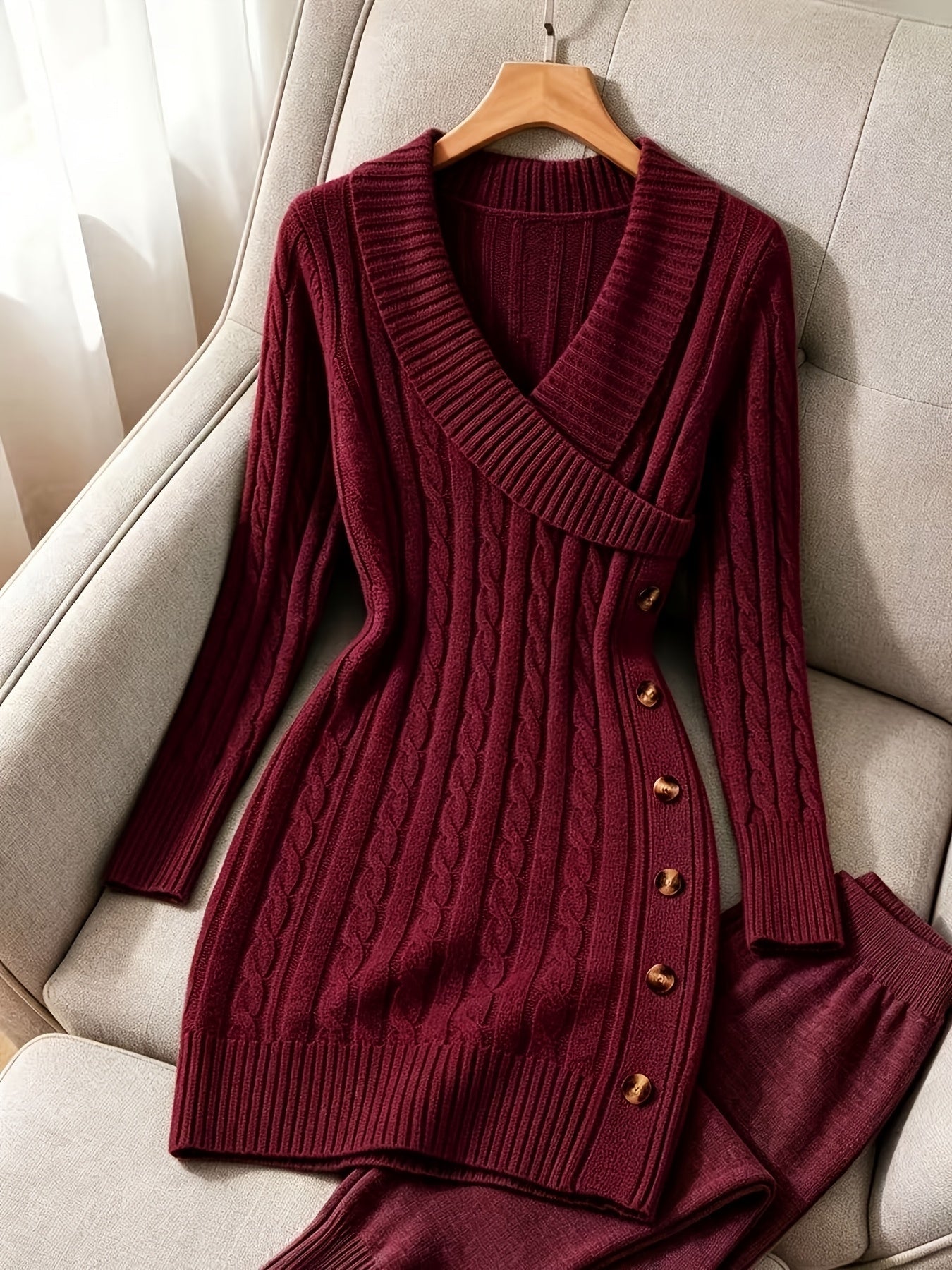 Women's Cable-Knit V-Neck Dress Long Sleeve Casual Cozy Midi