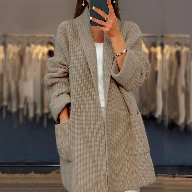 Women's Longline Cardigan Shawl Collar Ribbed Knit with Pockets