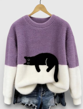 Women's Fluffy Color Block Sweater Classic Crewneck Relaxed Fit Casual Wear