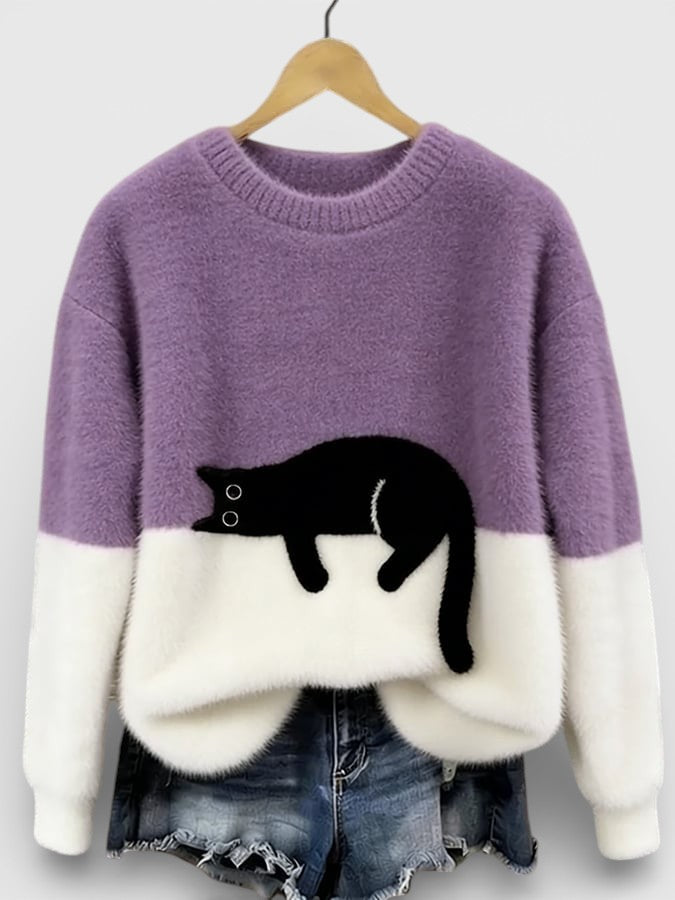 Women's Fluffy Color Block Sweater Classic Crewneck Relaxed Fit Casual Wear