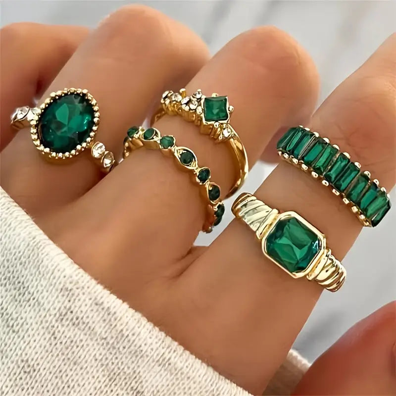 Women's Gold Emerald Ring Set Statement Jewellery Jewelry Gift for Women Weddings Parties Prom and Everyday Wear
