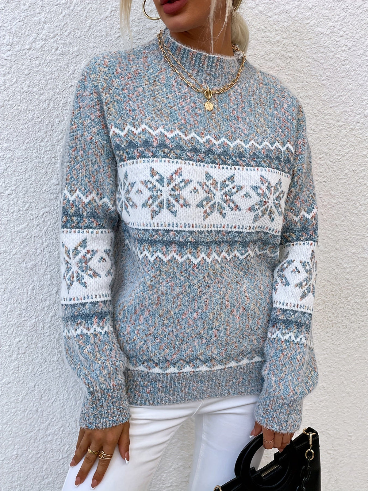Women's Fair Isle Knit Sweater Mock Neck Long Sleeve Cozy Casual Stylish