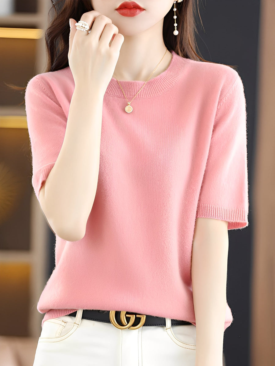 Women's Cozy Short-Sleeve Sweater Relaxed Fit Crew Neck Casual Everyday