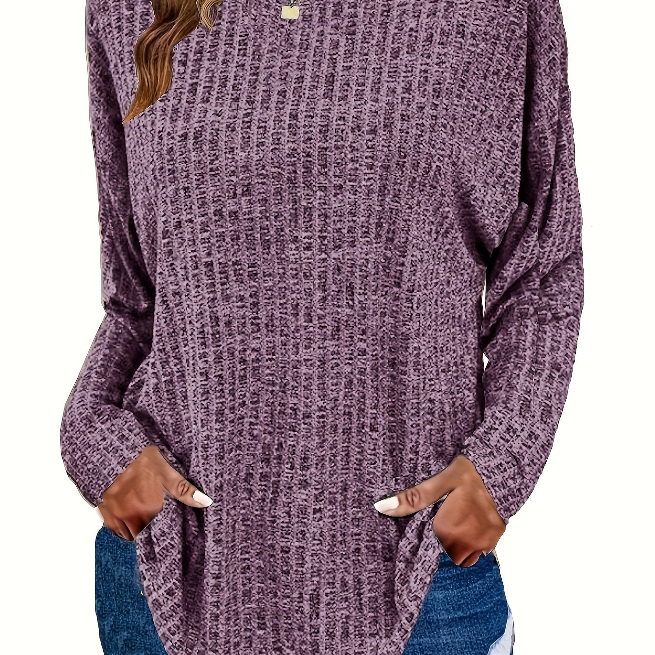 Women's Waffle Knit Tunic Sweater Curved Hem Long Sleeve Casual Everyday