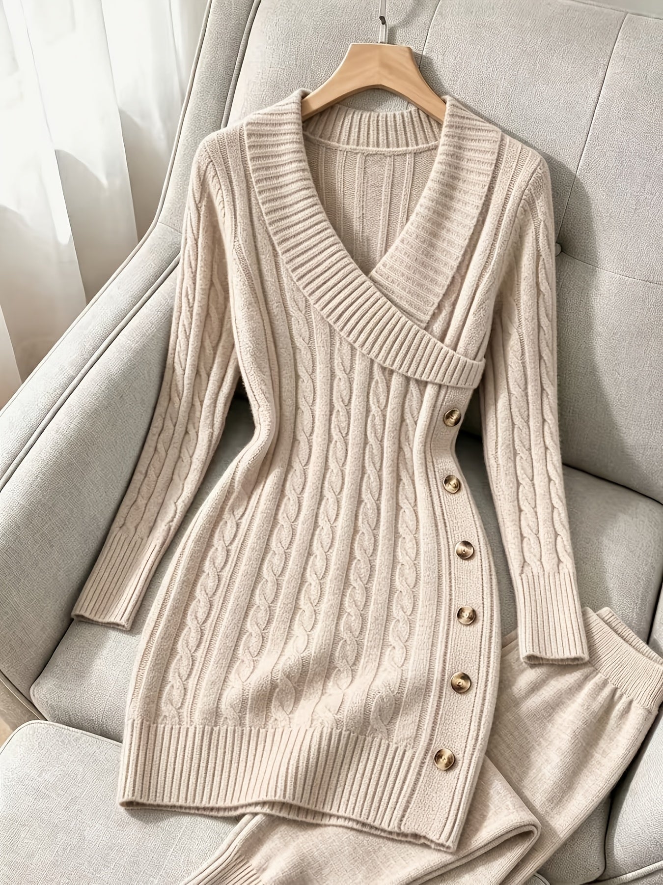 Women's Cable-Knit V-Neck Dress Long Sleeve Casual Cozy Midi