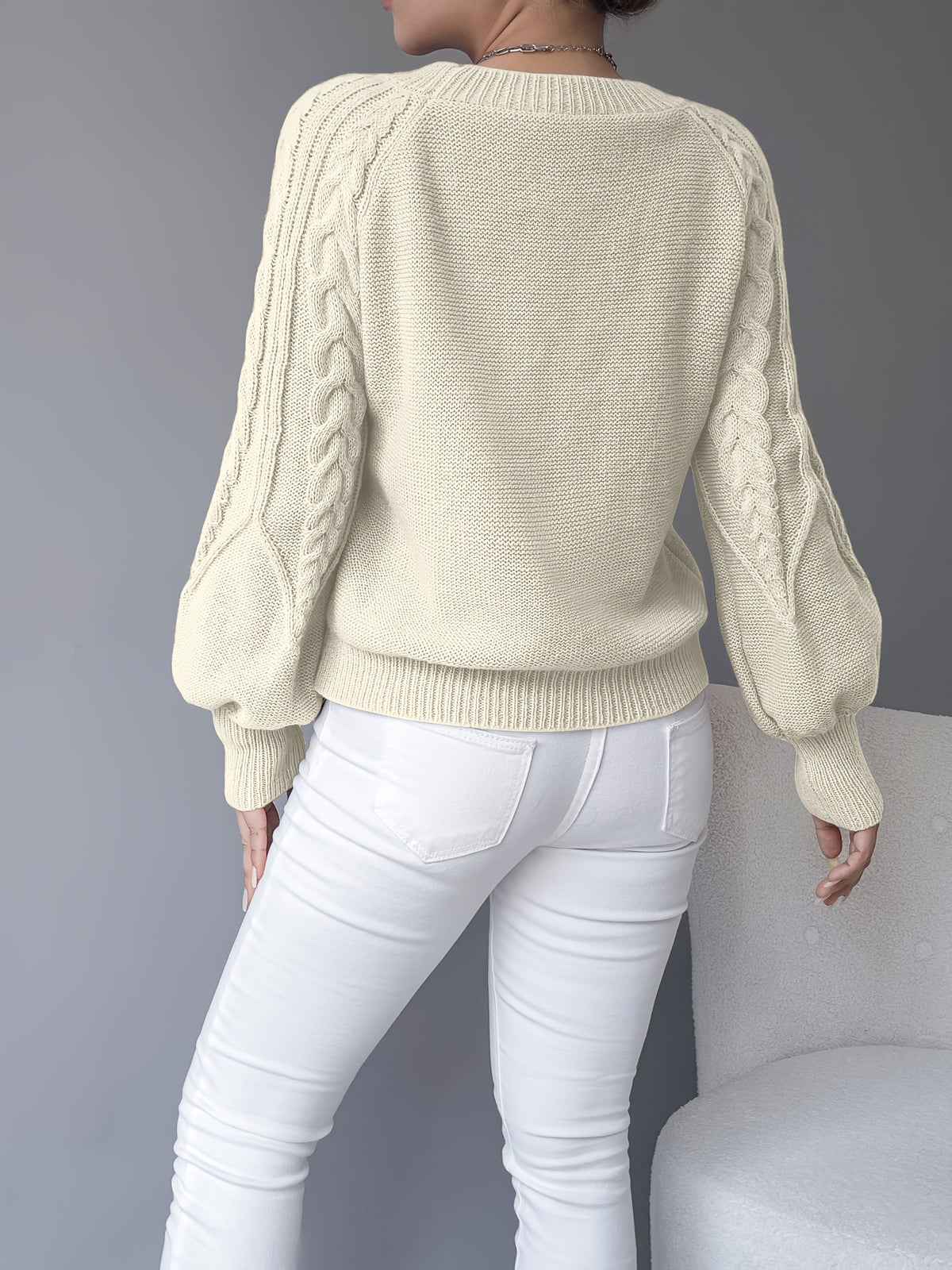 Women's Cable Knit Crewneck Sweater Relaxed Fit Long Sleeve Casual Everyday