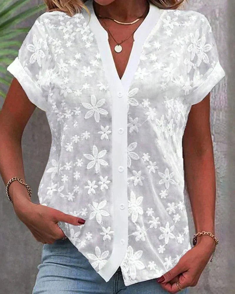 Women's Floral Lace Short Sleeve Blouse Outfit for Work Brunch Casual Days and Everyday Wear
