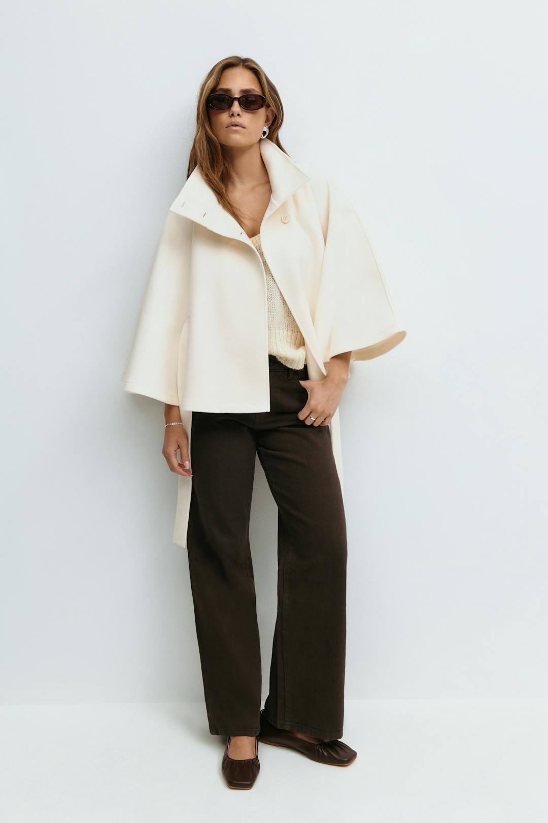 Women's Belted Cape Jacket Funnel Neck Batwing Sleeve Stylish Layering