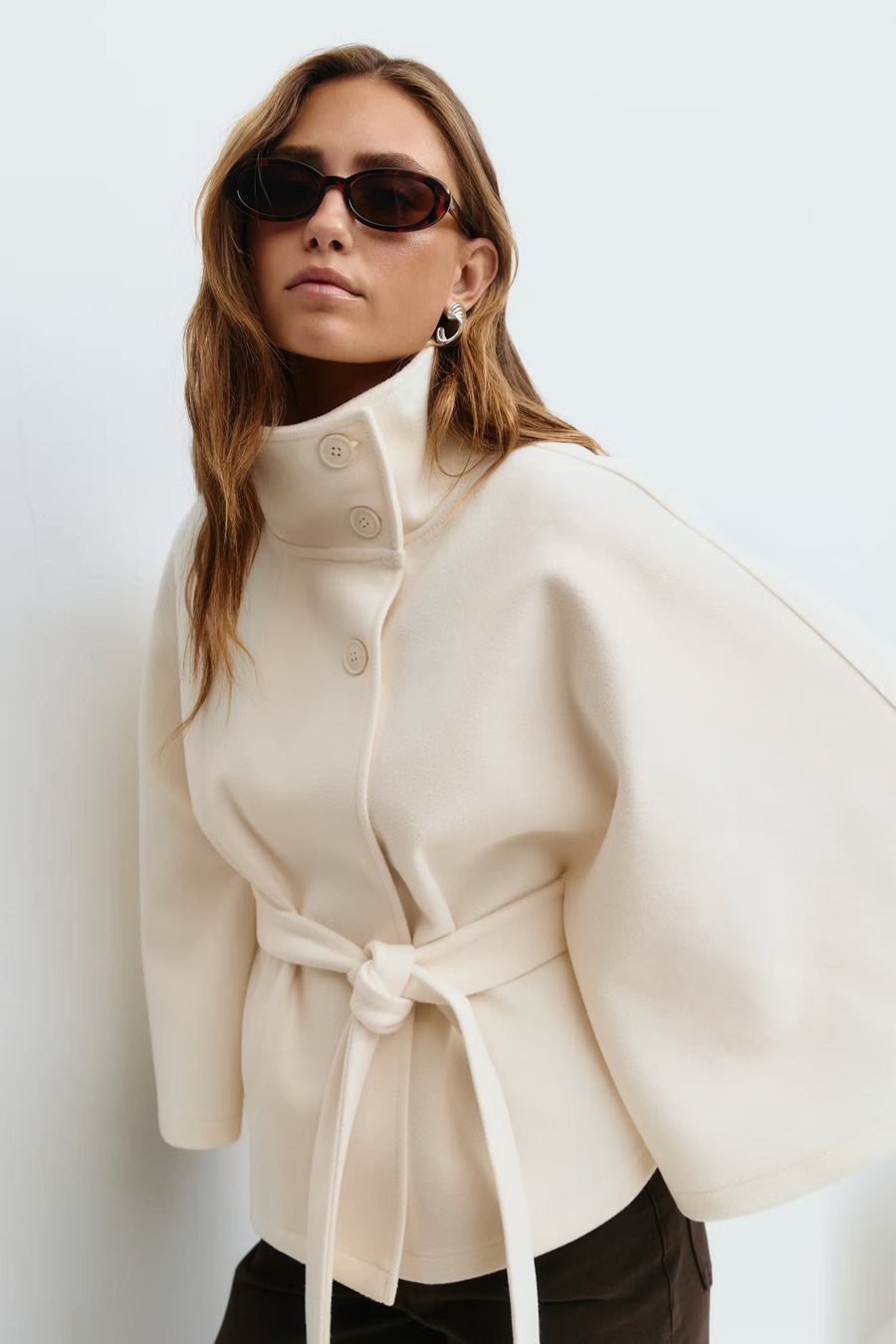 Women's Belted Cape Jacket Funnel Neck Batwing Sleeve Stylish Layering