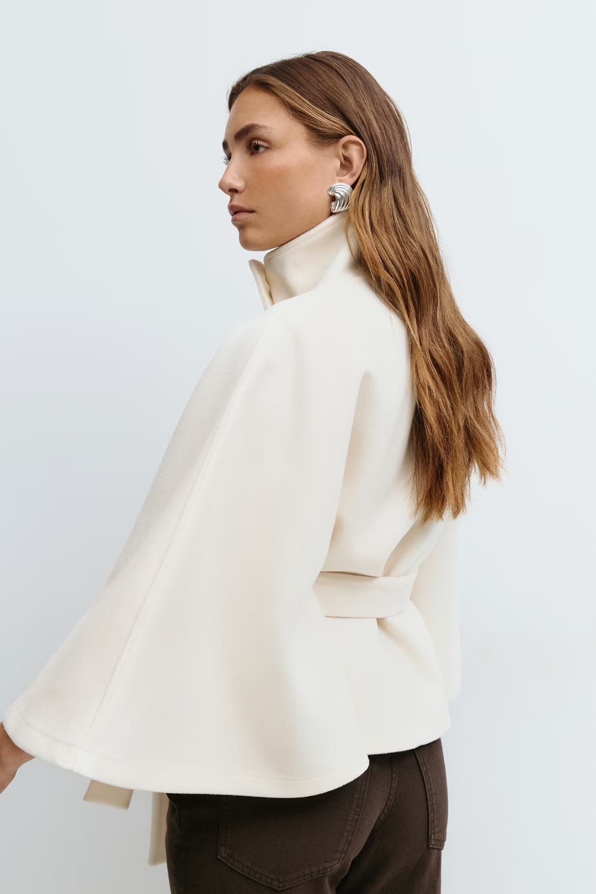 Women's Belted Cape Jacket Funnel Neck Batwing Sleeve Stylish Layering