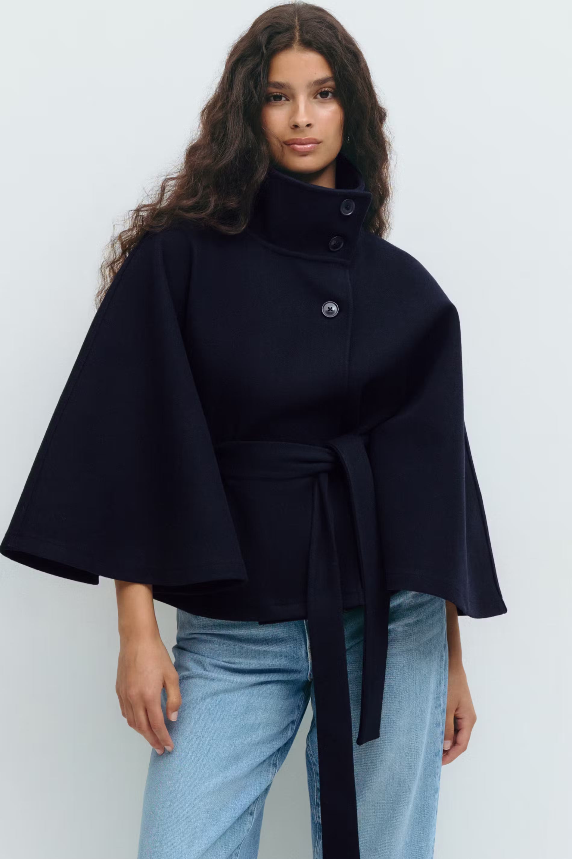 Women's Belted Cape Jacket Funnel Neck Batwing Sleeve Stylish Layering