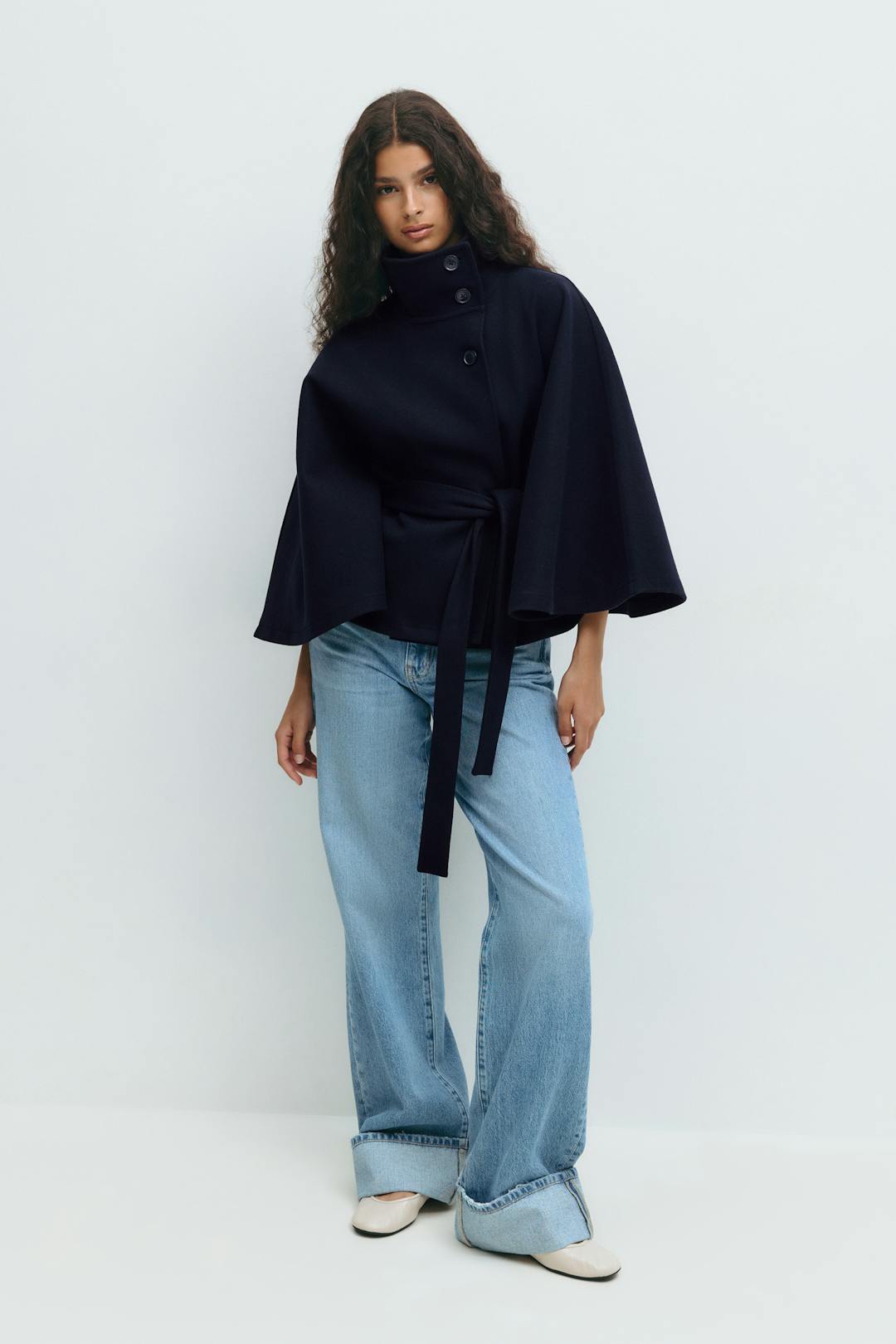 Women's Belted Cape Jacket Funnel Neck Batwing Sleeve Stylish Layering